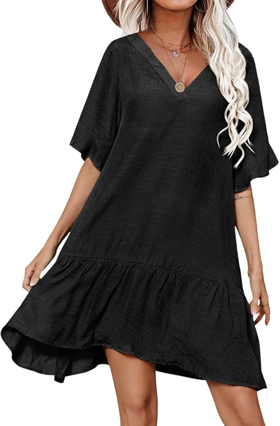 Aoulaydo Womens Swimsuit Coverups Sexy V Neck Bathing Suit Cover Ups Casual Loose Cover Up for Sw... | Amazon (US)