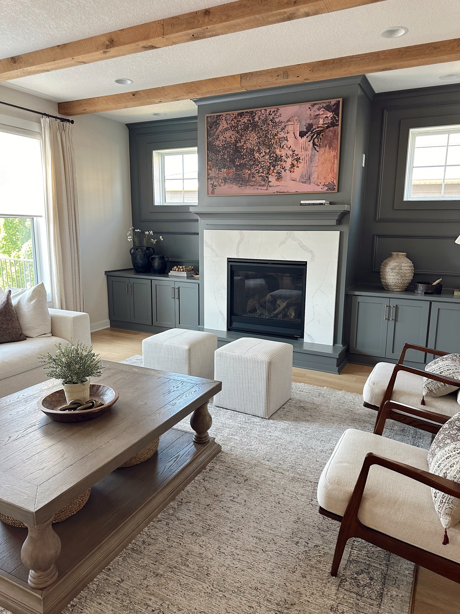 Accent color is SW Grizzle Gray 🩶
Living room sources linked! 

Coffee table / family living room / area rug (doesn’t shed, soft!) / pottery vase / ceramic vases / living room decor 

#LTKFamily #LTKHome #LTKSaleAlert