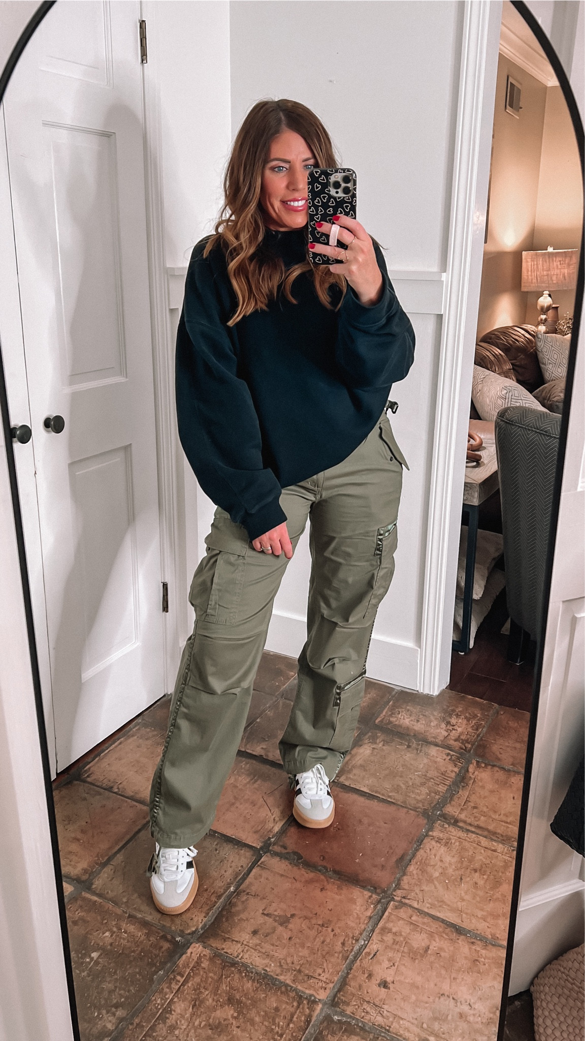 These cargo pants are so good!! And on sale for $49.99 (originally $120)

New adidas samba XLG

Sweatshirt is old Abercrombie, but I will link some similar options .

