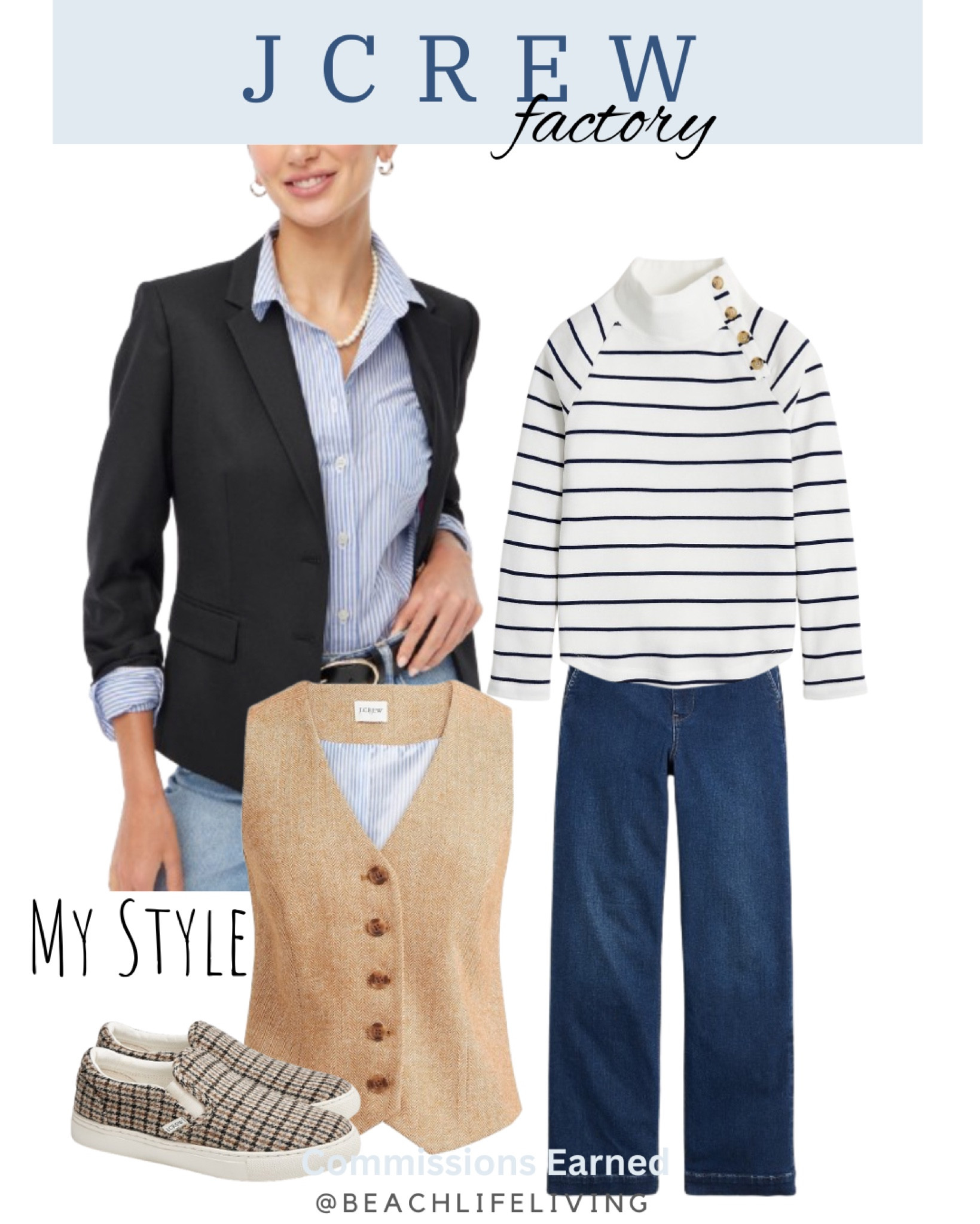 Fall Style JCrew Factory, Fall Outfits, 
Jeans 
Navy Blazer, Striped wide button-collar pullover sweatshirt Herringbone button-front vest, Soft Denim trousers, Plaid road trip slip on sneakers 

#LTKSaleAlert #LTKStyleTip #LTKFallSale