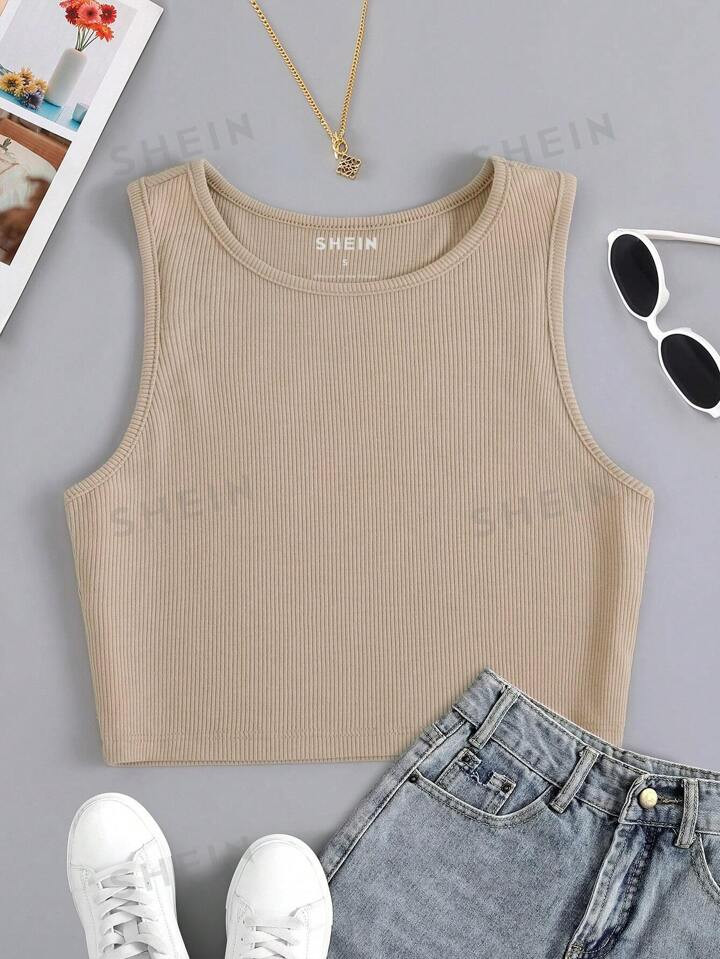 SHEIN Essnce Solid Ribbed Knit Tank Top | SHEIN