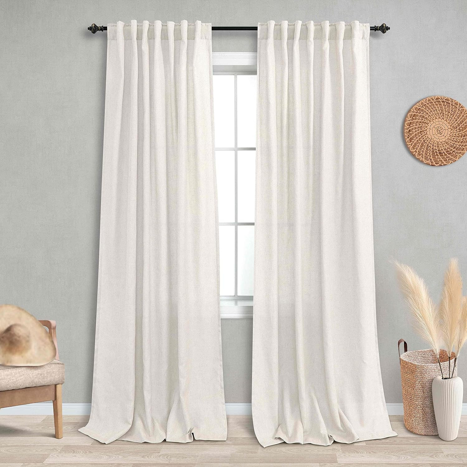 Cream Beige Natural Linen Semi Sheer Window Curtain Panels Drapes for Living Room Boho Neutral Ro... | Amazon (US)