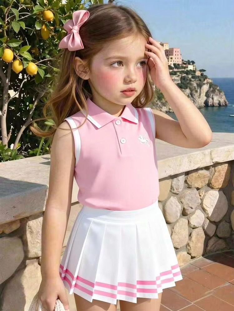 Souflis Souflis Girls 2pcs Set Light Pink Polo Collar Sleeveless T-Shirt & School Style Skirt, Cu... | SHEIN