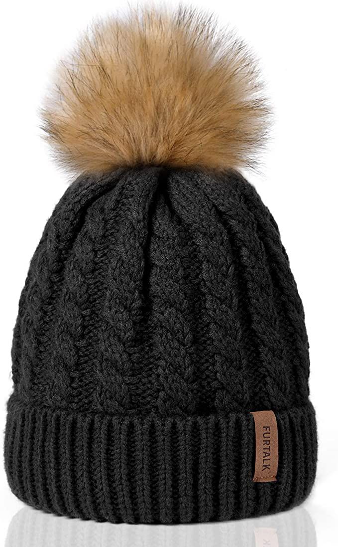 FURTALK Winter Beanie Hat for Women Warm Thick Lining Knit Bobble Skull Cap Big Faux Fur Pom Pom ... | Amazon (US)