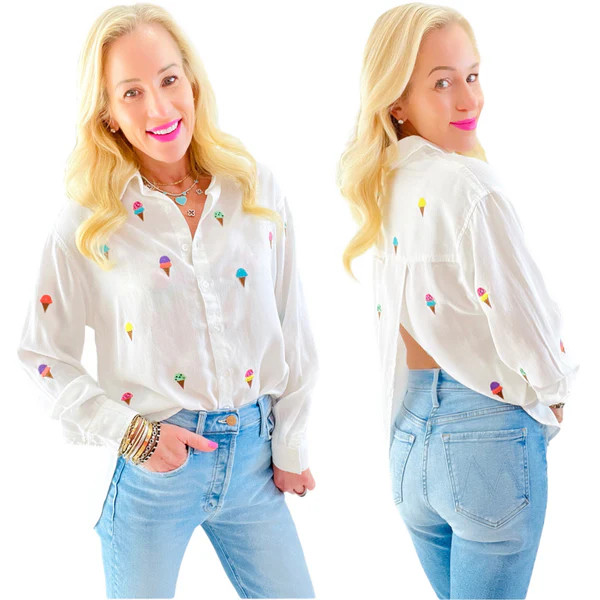 Embroidered Ice Cream Cones Top w/ Split Back | James Ascher