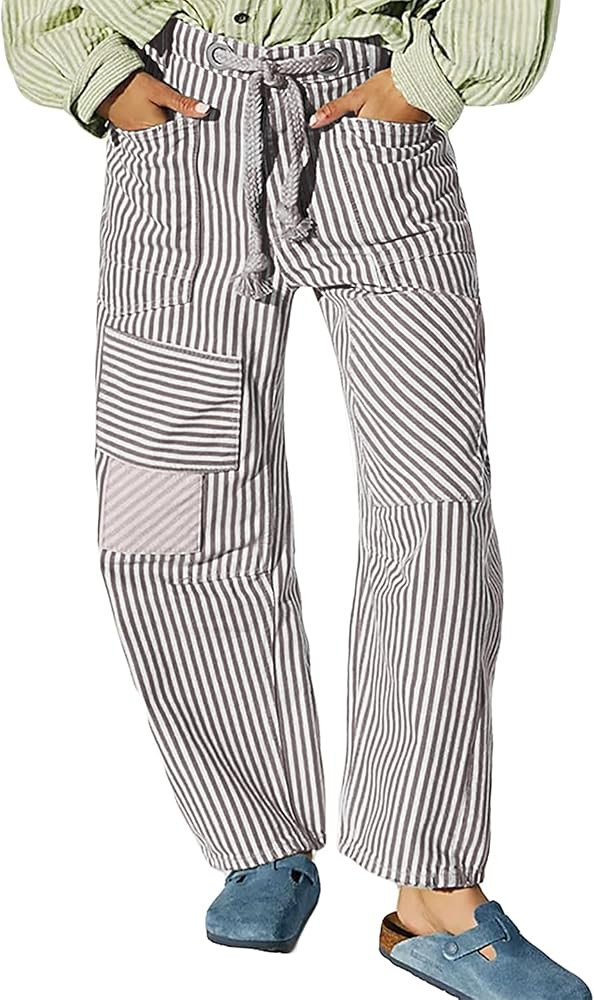 Women Drawstring Striped Barrel Pant Patchwork Wide Leg Baggy Pant Casual Slouchy Streetwear Y2k ... | Amazon (US)