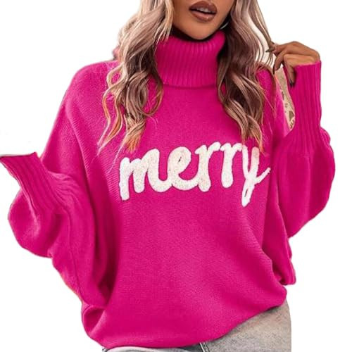 Muineobuka Women Merry Sweaters Turtleneck Long Sleeve Letter Embroidery Loose Knitted Pullover Merry Christmas Sweater Rose Red | Amazon (US)