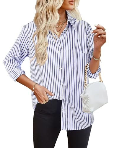 HOTOUCH Striped Blouses for Women Collared Shirts Long Sleeve Button Up Shirts Business Camisas para Mujer Blue White L | Amazon (US)