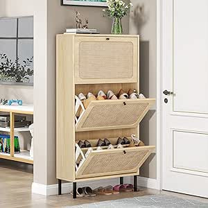 Sweiko 3 Flip Drawer Shoe Cabinet Natural Rattan Shoe Cabinet Organizer Freestanding Wooden Shoe ... | Amazon (US)