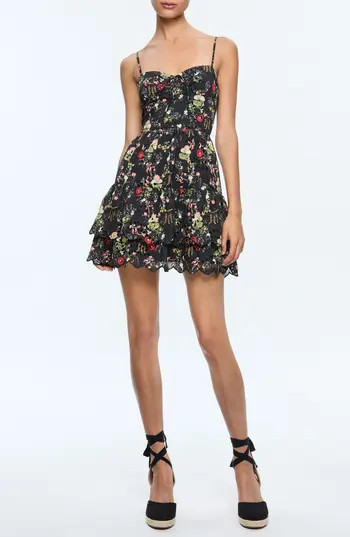 Alice + Olivia Daisy Floral Cotton Eyelet Minidress in Blush Kiss Black at Nordstrom Rack, Size 8 | Nordstrom Rack