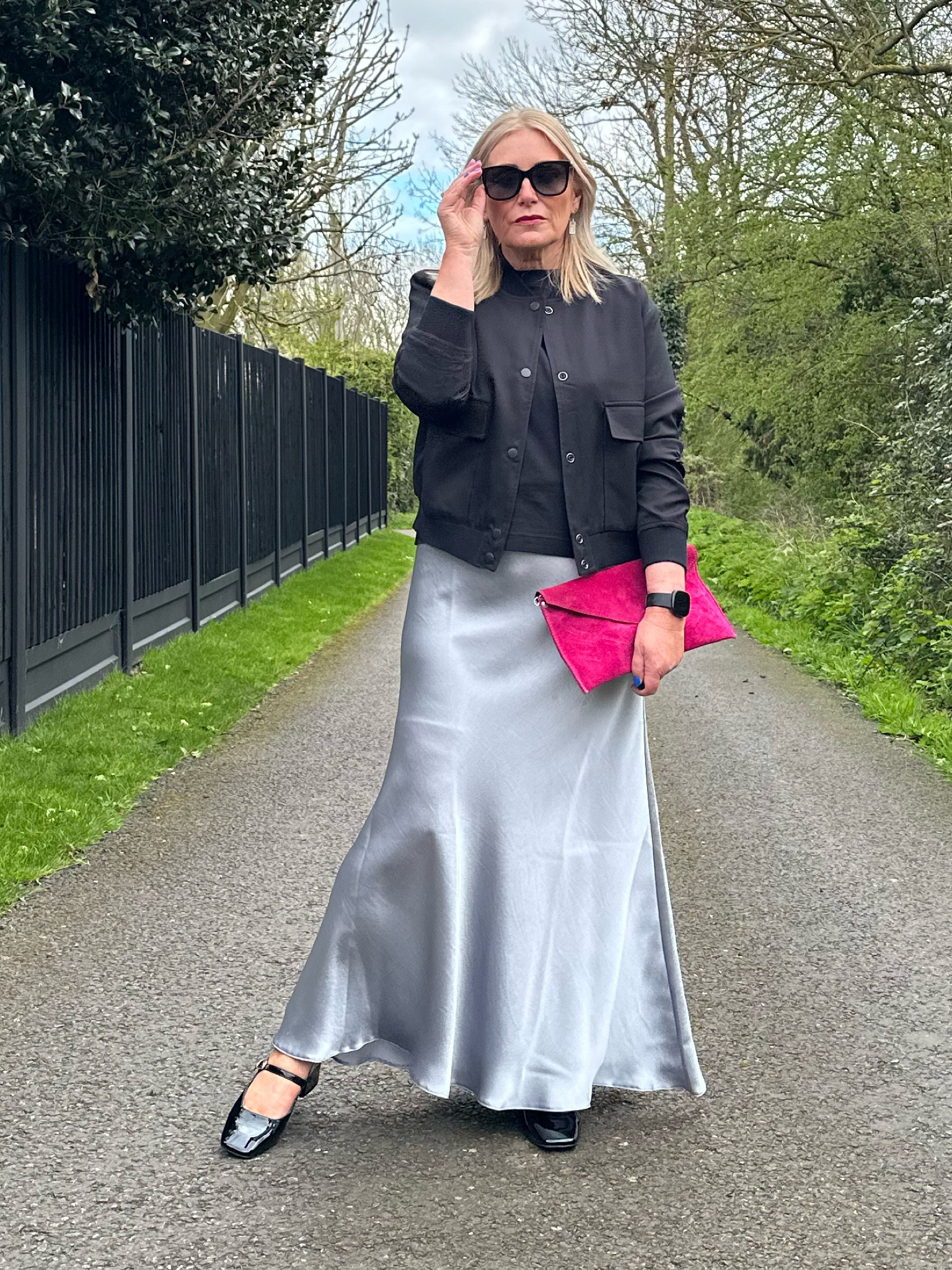What’s not to love about this satin maxi slip skirt, silver is definitely an on trend colour, I’ve paired it with this cropped black bomber utility jacket and added a pop of colour on the lips and with the bag.


#LTKmidsize #LTKshoecrush #LTKover40