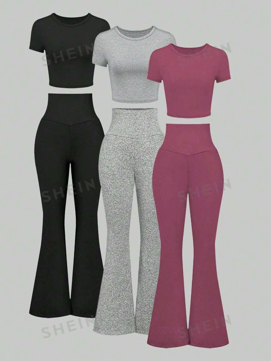 SHEIN MOOSTA 3pcs/Set Round Neck Short Sleeve T-Shirt And High Waist Flared Pants Casual Suit | SHEIN