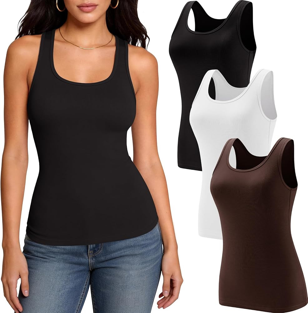 BVNSOZ 3 Pack Basic Tank Tops for Women, Stretchy Slim-Fit Undershirt, Soft Scoop Neck Casual Lad... | Amazon (US)