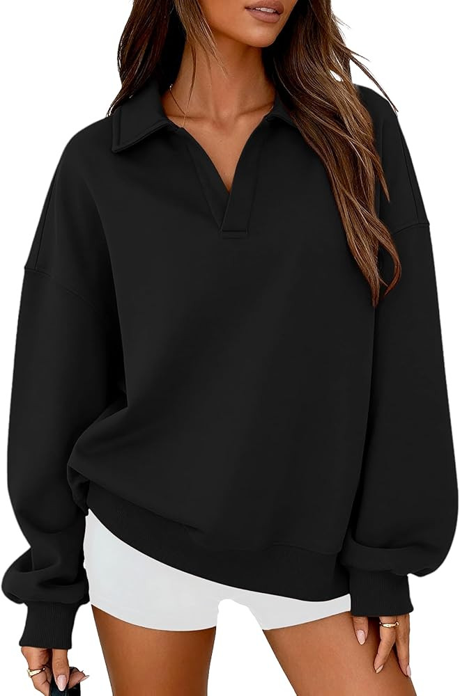 PRETTYGARDEN Womens Polo V Neck Fleece Oversized Sweatshirt | Amazon (US)