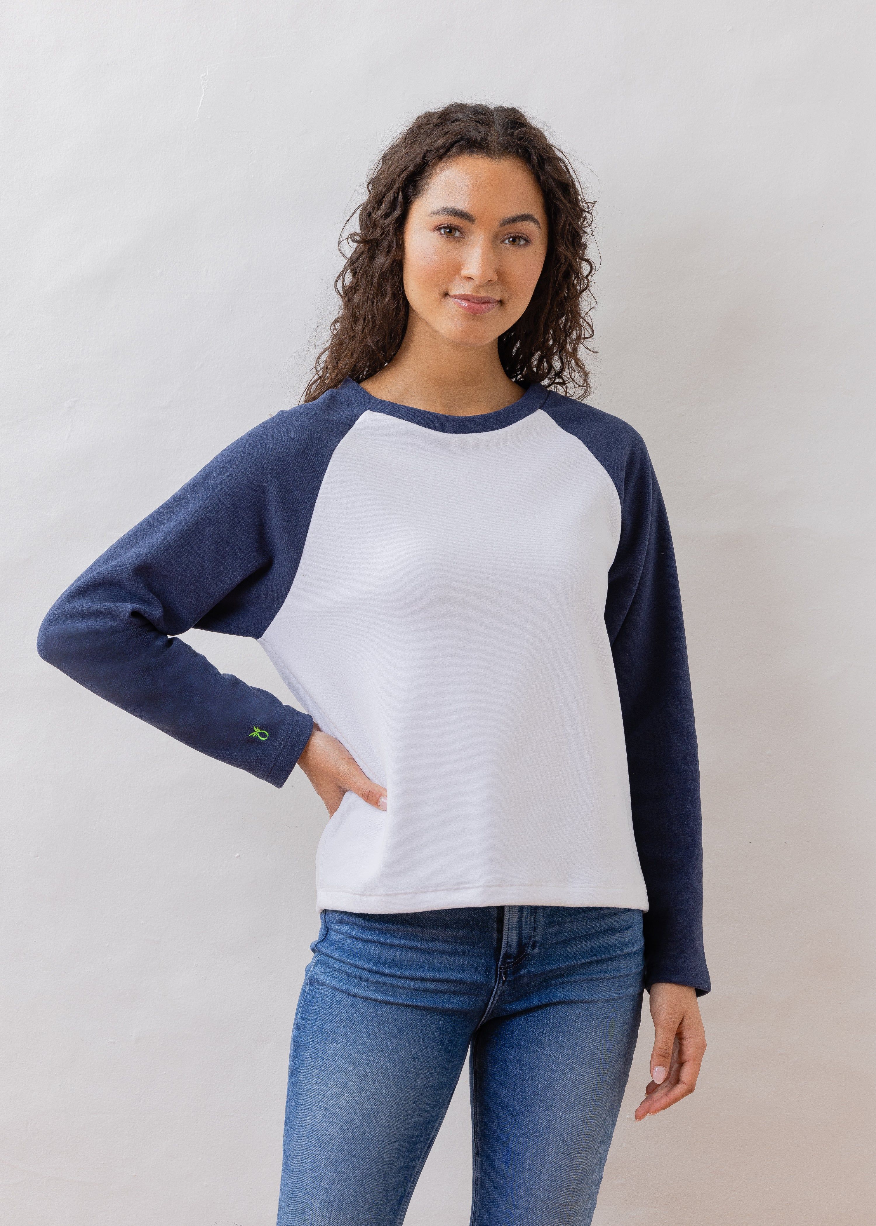 Cove Colorblock Crewneck in Terry Fleece (White / Navy) | Dudley Stephens