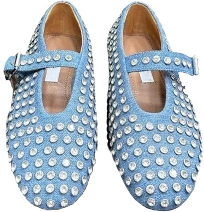 ZQW Women Rhinestone Studded Mary Jane Flats Sparkly Crystal Buckle Round Toe Comfort Dress Shoes... | Amazon (US)