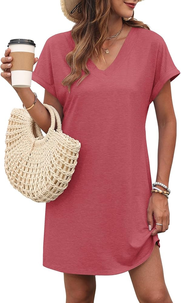 MISFAY Women Summer T Shirt Dresses 2025 Casual Short Sleeve Sundress V Neck Loose Tank Short Dre... | Amazon (US)