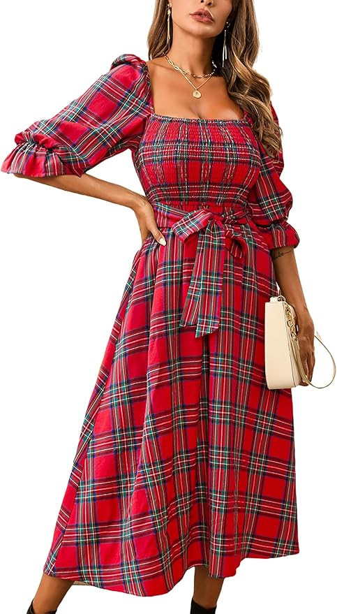 CUPSHE Women's Maxi Dresses Square Neck Plaid Smocked Belted Ruffled Casual Half Trumpet Sleeve A... | Amazon (US)
