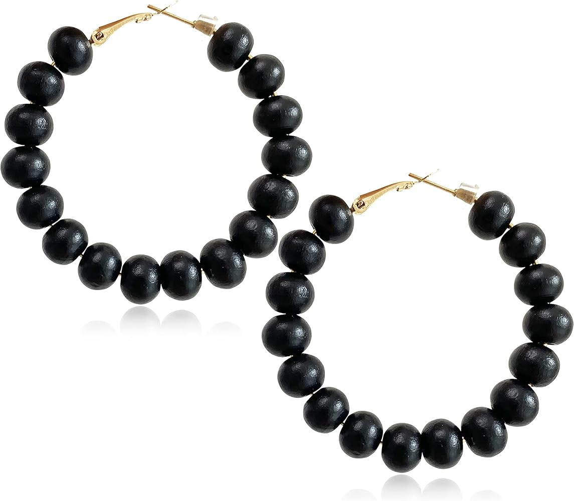 Handmade Nature Wooden Beaded Hoop Earrings Bohemian Minimalist Colorful Circle Round Wood Bead E... | Amazon (US)