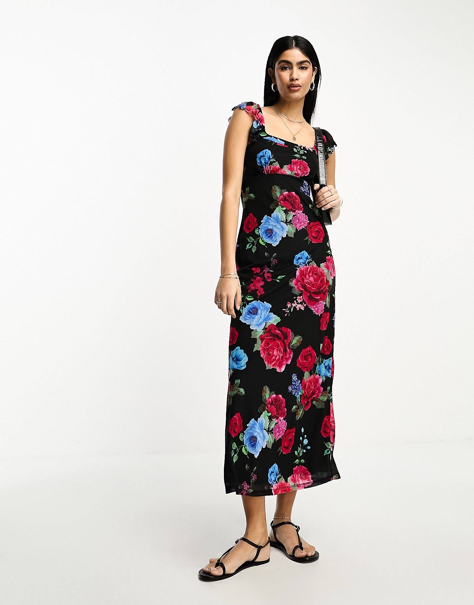 ASOS DESIGN mesh scoop neck frill sleeve maxi dress in floral print | ASOS (Global)