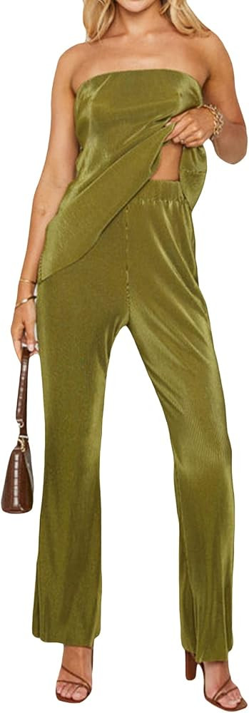 Two Piece Outfits for Women Summer Y2K Sexy Strapless Off Shoulder Tube Top Wide Leg Pants Casual... | Amazon (US)