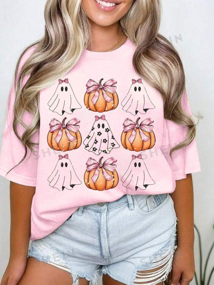SHEIN LUNE Fitted Women's Round Neck Ghost & Pumpkin Print Casual Short Sleeve T-Shirt | SHEIN