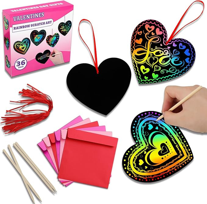 MDCGFOD 36 Pack Valentines Day Gifts for Kids, Rainbow Scratch Heart Crads Valentine Crafts for K... | Amazon (US)