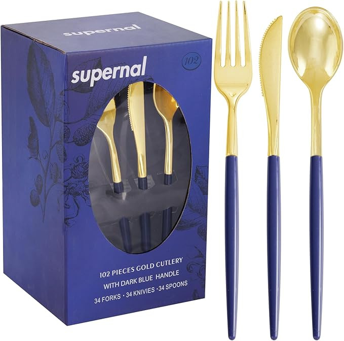 Supernal 102Pcs Dark Blue Plastic Silverware, Gold Plastic Cutlery with Dark Blue Handle, Gold Di... | Amazon (US)
