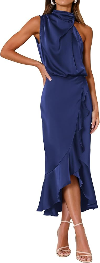 KIRUNDO Womens 2024 Summer Satin Mock Neck Party Cocktail Midi Dress Sleeveless Wrap Ruffle Merma... | Amazon (US)