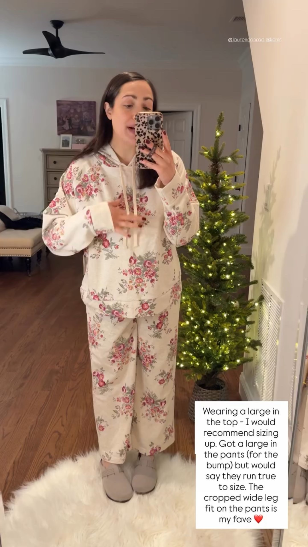 Wearing a large in the top - I would recommend sizing up. Got a large in the pants (for the bump) but would say they run true to size. The cropped wide leg fit on the pants is my fave ❤️ @laurenconrad @kohls