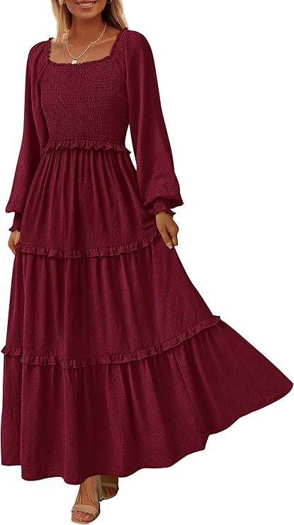 PRETTYGARDEN Fall Dresses for Women 2025 Long Sleeve Smocked Square Neck Swiss Dot Tiered Flowy W... | Amazon (US)