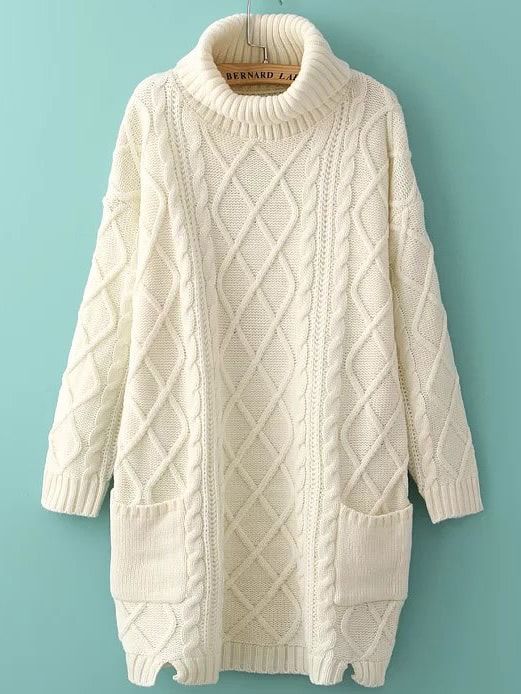White Turtleneck Side Slit Pocket Cable Knit Sweater Dress | ROMWE