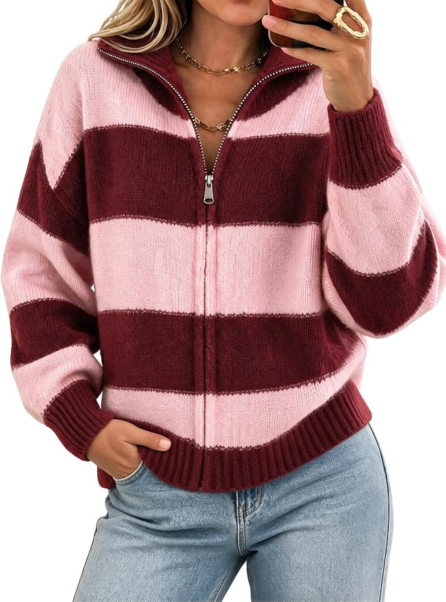 Cicy Bell Women Striped Color Block Cardigan Zip Long Sleeve Knit Sweater | Amazon (US)
