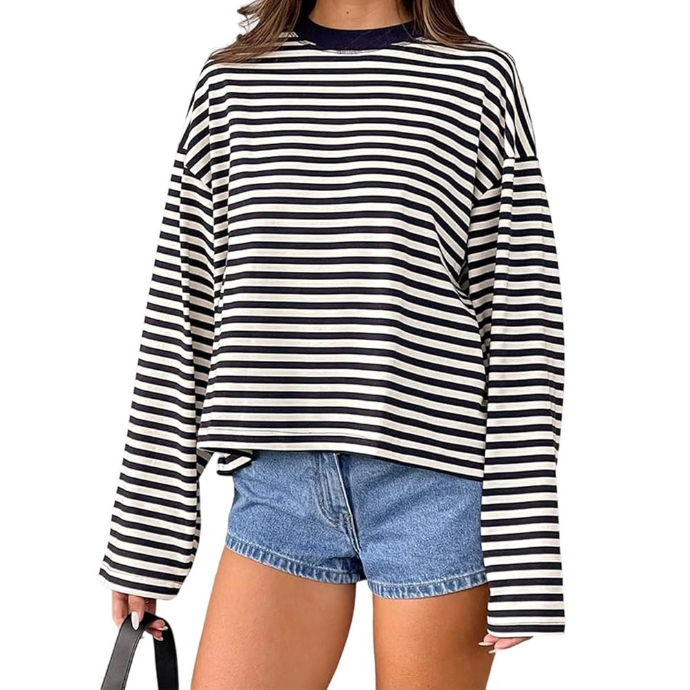Striped Long Sleeve Shirt Women Y2k Oversized Crewneck Vintage Tops Fall Winter Drop Shoulder Cut... | Amazon (US)