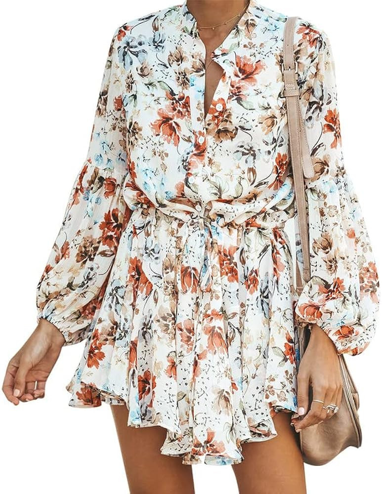 Clarisbelle Women's Long Sleeves Button up Tie Waist Floral Chiffon Dress | Amazon (US)
