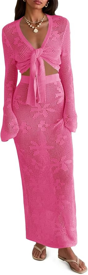 Saodimallsu Womens Crochet Swim Cover Up 2 Piece V Neck Long Sleeve Wrap Tie Crop Tops Beach Boho... | Amazon (US)