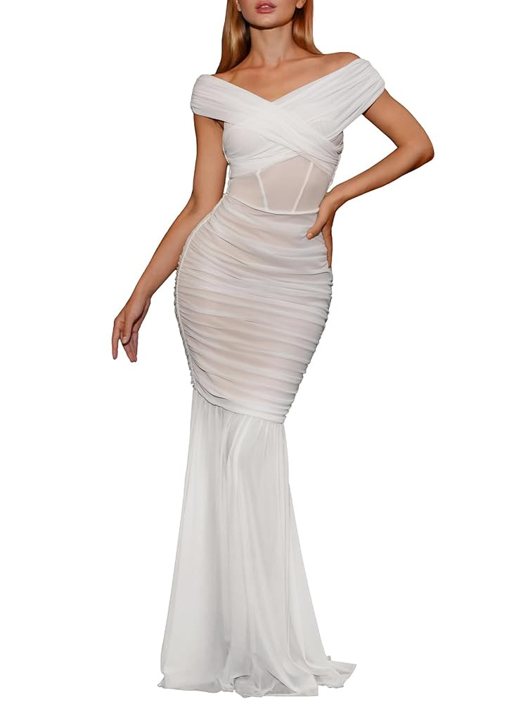 Women’s Convertible Off The Shoulder Maxi Dress Built-in Bra Bodycon Ruched Mesh Formal Evening... | Amazon (US)