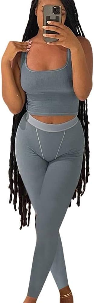 Women's 2 Piece Casual Workout Outfits Ribbed Knitted Yoga Tank Top High Waist Leggings Tracksuit... | Amazon (US)