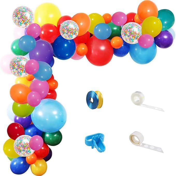 Rainbow Party Balloons Garland Kit, 114 Pack Assorted Multicolor Latex Balloon With Long Paper Co... | Amazon (US)
