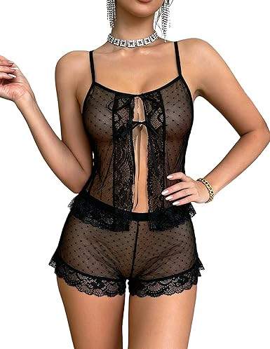 Avidlove Lingerie for Women Sexy Pajamas Sheer Open Front Sleepwear Lace Polka Dot Cami Shorts Se... | Amazon (US)
