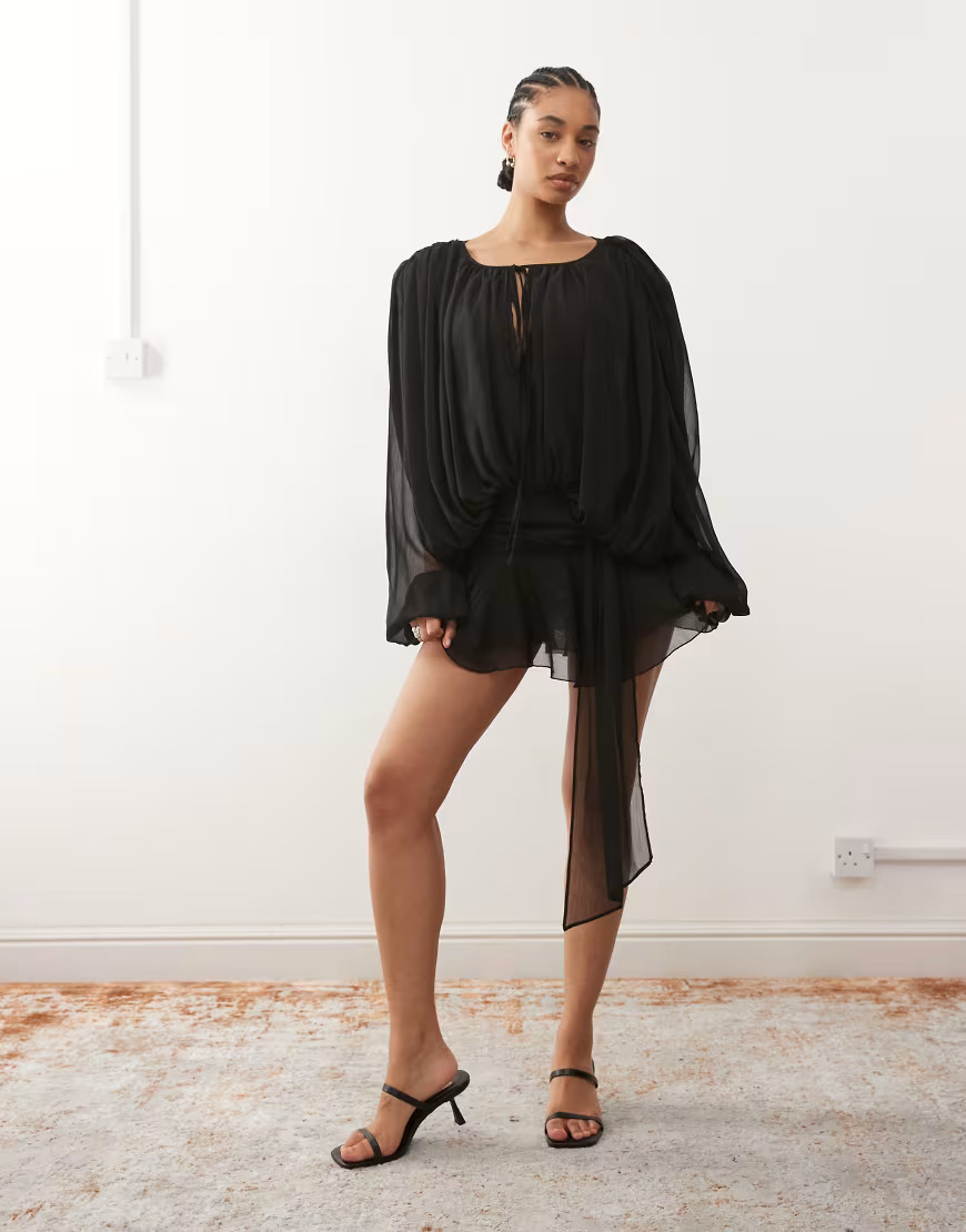 Lioness Elements chiffon drape detail fairy hem mini dress in black | ASOS (Global)