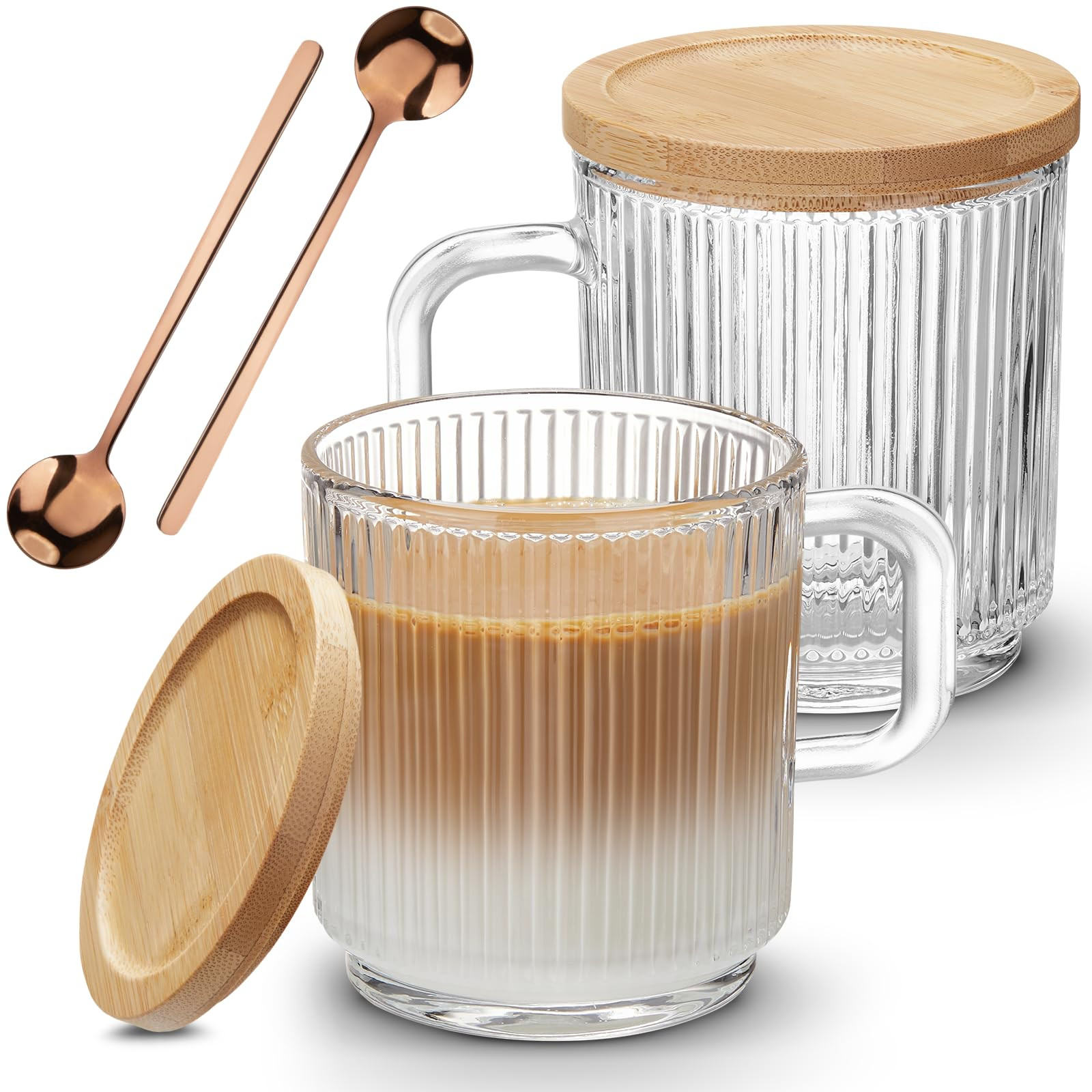 Mfacoy 2 PACK Glass Coffee Mugs with Handle & Spoon, 12 OZ Glass Coffee Cups with Bamboo Lid, Rib... | Amazon (US)