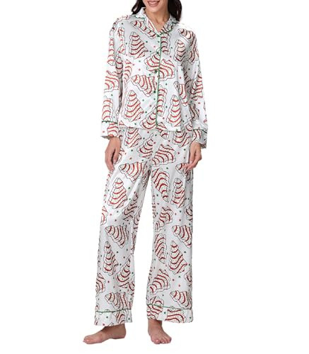 Faretumiya Women Silk Satin Christmas Tree Cakes Pajamas Xmas Long Sleeve Sleepwear Holiday Print Two Piece Pj Pants Set(Cake Tree White,Large) | Amazon (US)