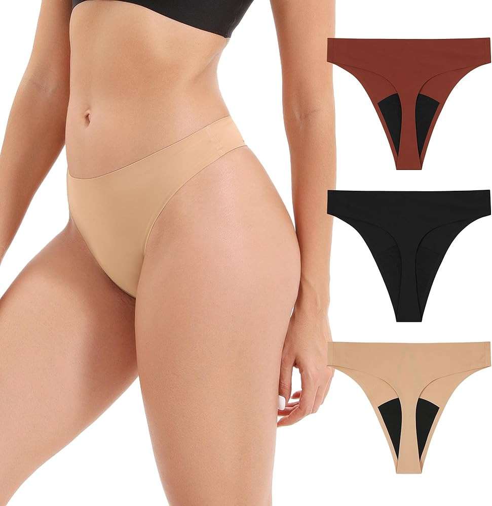 INNERSY Period Thongs Underwear for Women Seamless Thongs No Show Sexy Panties 3-Pack | Amazon (US)