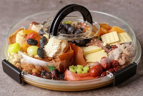 Round Charcuterie Board with Clear Lid, Travel Picnic Portable Cheese Board Charcuterie Boxes, Meat Fruit Serving Tray Platter, House Warming Gifts New Home, Gifts for Women, Black, 5 Compartments | Amazon (US)