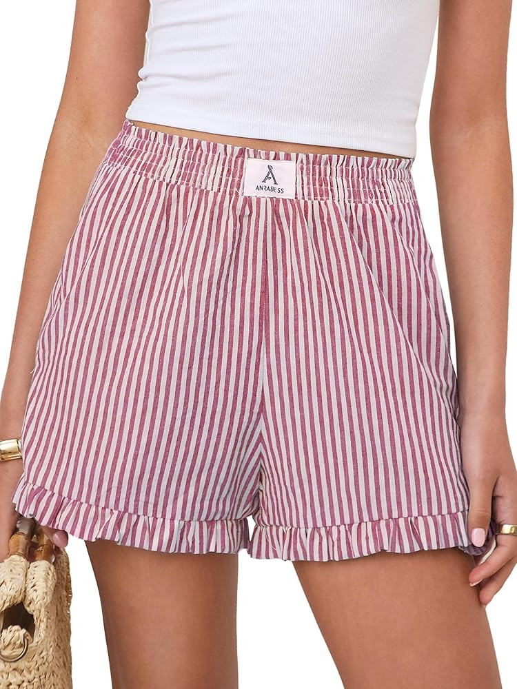 ANRABESS Boxer Shorts for Women,Gingham Plaid Elastic Waist Ruffle,Perfect for Lounge,Pajama&Slee... | Amazon (US)