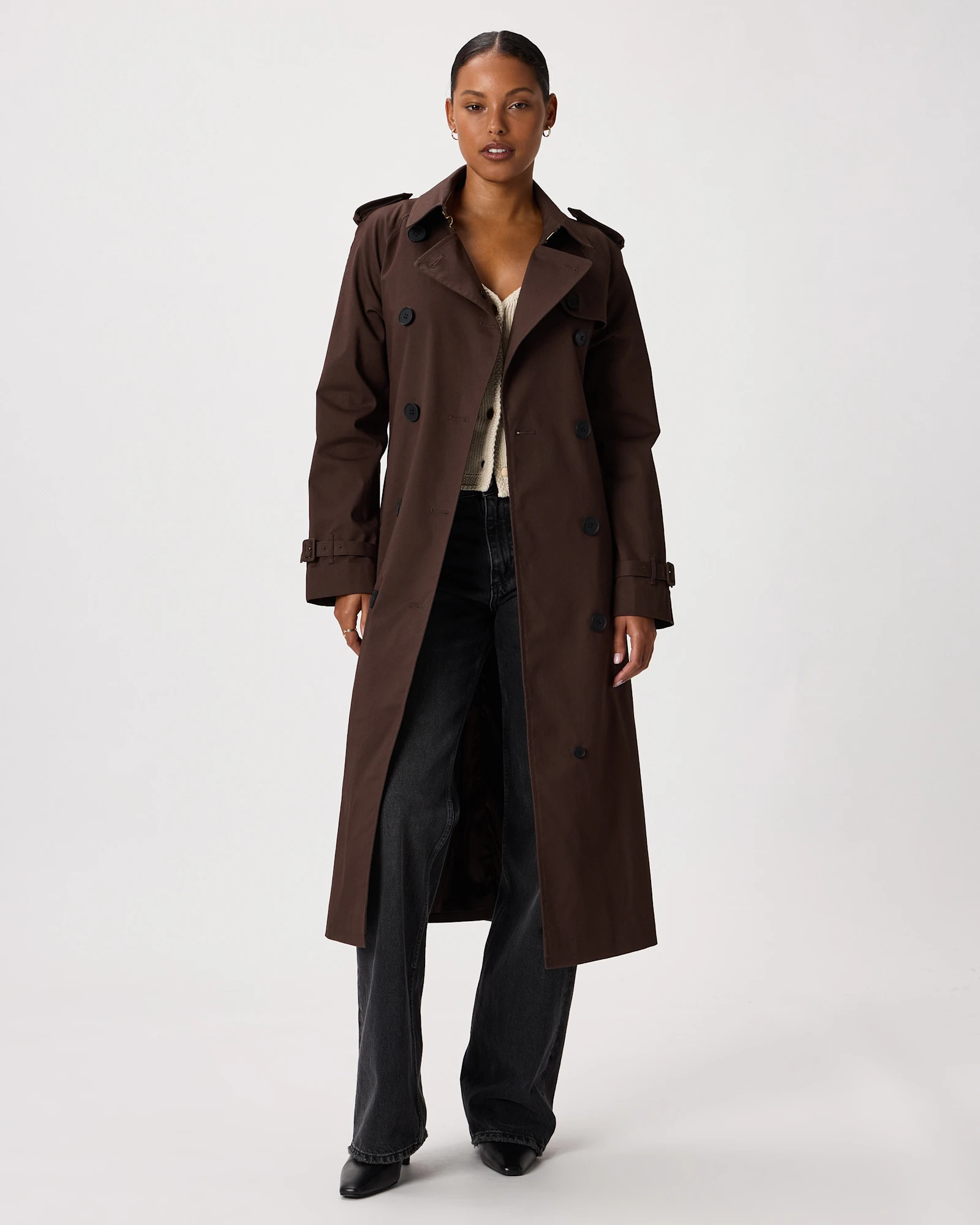 Quince | Women's Comfort Stretch Long Trench Coat in Midnight Black, Size XL, Organic Cotton | Quince