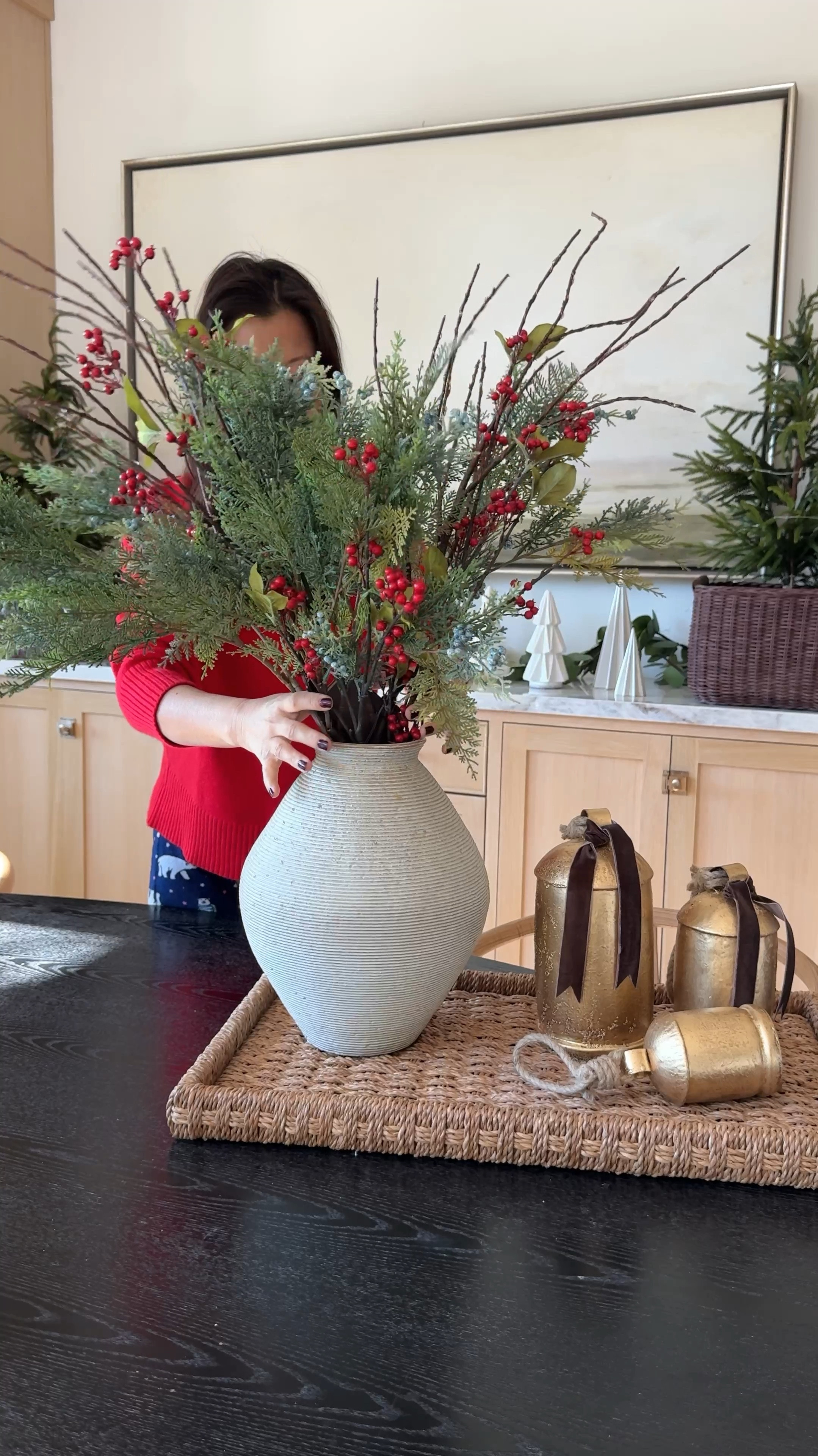 Love the day and night version of this arrangement. Holly Berry, stems, Juniper, berries, branches lighted, branches, lit branches, vintage bells, velvet ribbon, ceramic trees, pine fur trees, woven basket, abstract, art, landscape, art, garland. Brass hardware. Centerpiece. Christmas center piece holiday decor Christmas decor .

#LTKFindsUnder100 #LTKSaleAlert #LTKHoliday