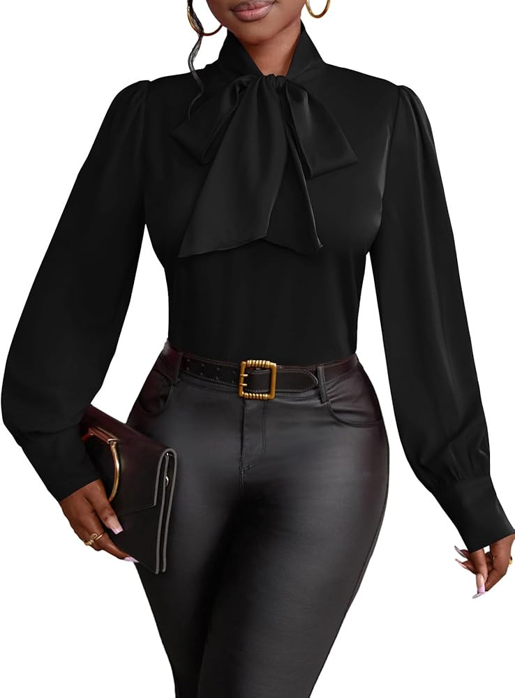 Vrtige Women's Elegant Bow Tie Neck Long Sleeve Blouse Office Shirt Top | Amazon (US)