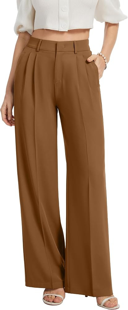 FUNYYZO Women Wide Leg Pants High Elastic Waisted Business Work Trousers Long Straight Suit Pants | Amazon (US)